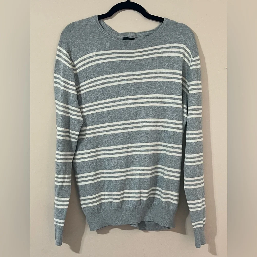 J. Crew Gray and White Striped Crewneck Cashmere Blend Sweater Size Medium